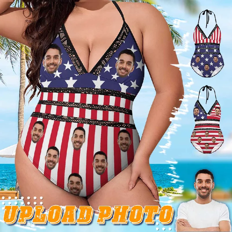 classic mesh swimwear-#Plus Size Swimsuit-Custom Face American Flag Swimsuits Personalized Women's New Strap One Piece Bathing Suit Celebrate Holiday