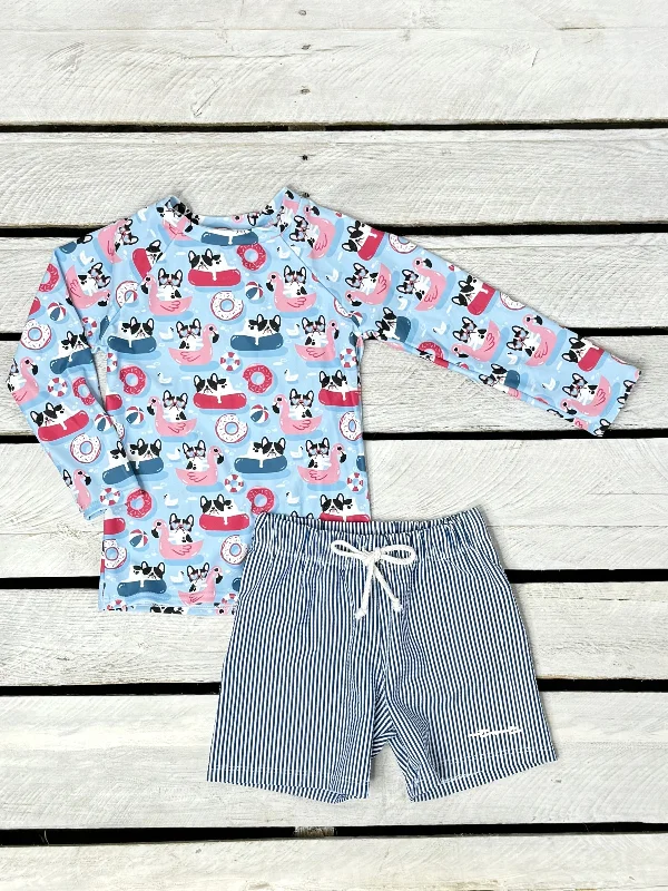 Pool Pups Boys Printed Long Sleeve Sun Shirt and Swim Trunk Set