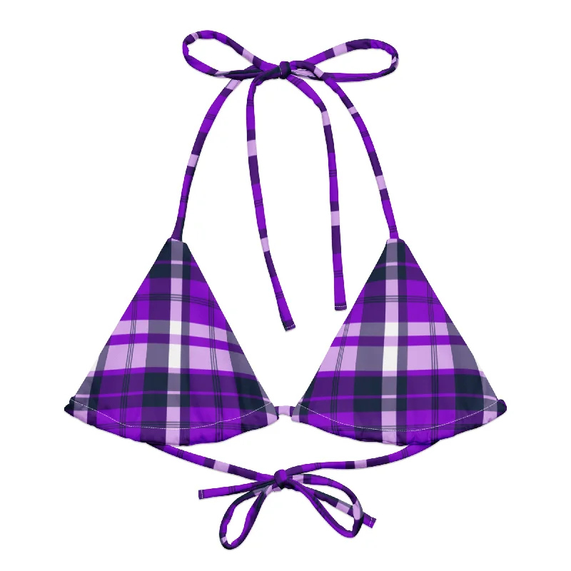 modern striped swimwear-Purple and Navy Blue Preppy Surfer Girl Plaid String Bikini Top