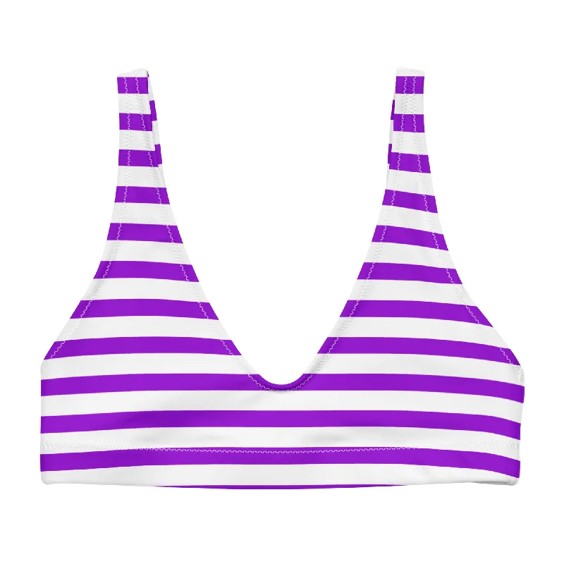 plus-size black swimwear-Purple and White Beach Stripes Halter Bikini Top