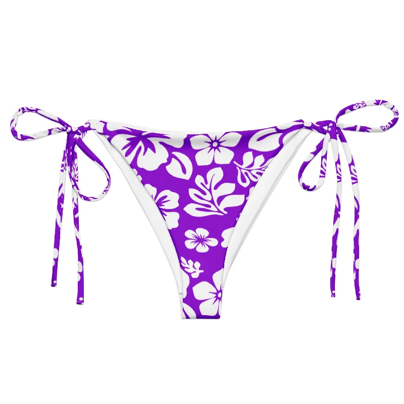 sporty abstract swimwear-Purple and White Hawaiian Flowers String Bikini Bottoms