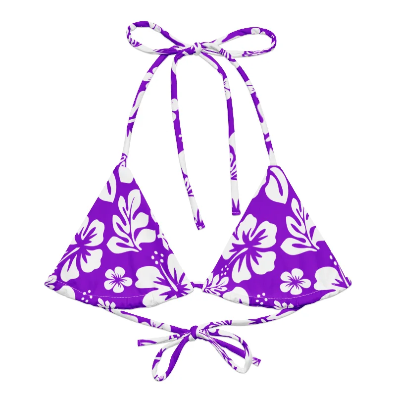 elegant striped swimwear-Purple and White Hawaiian Flowers String Bikini Top