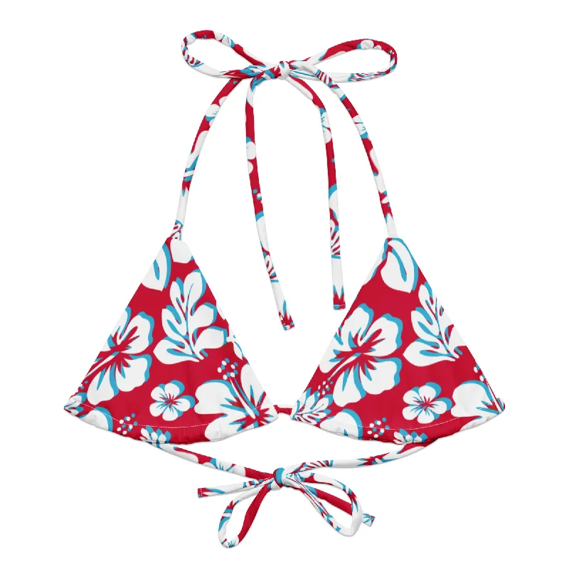 seamless striped swimwear-Red, Aqua Blue and White Hawaiian Flowers String Bikini Top