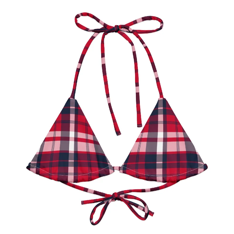 trendy floral swimwear-Red, White and Navy Blue Preppy Surfer Girl Plaid String Bikini Top