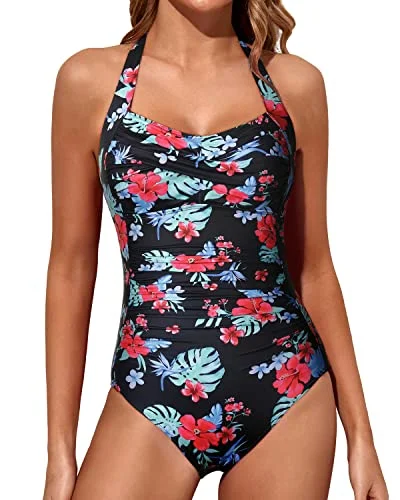 Retro Slimming Swimsuits Halter Vintage Swimwear-Black Red Flowers