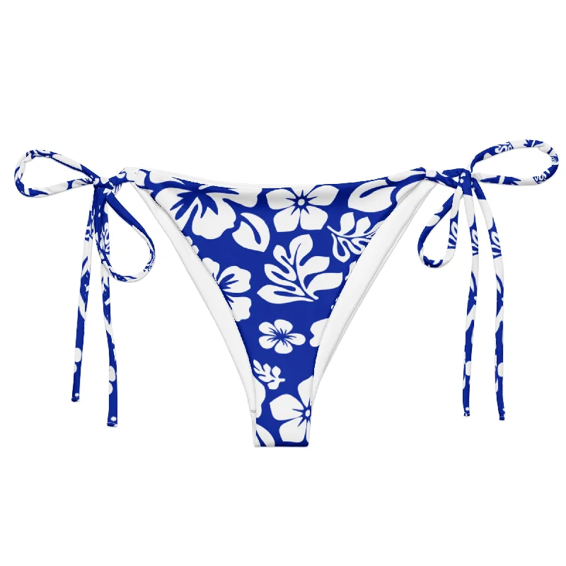 retro tie-front swimwear-Royal Blue and White Hawaiian Flowers String Bikini Bottoms