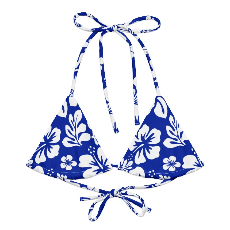 colorful floral swimwear-Royal Blue and White Hawaiian Flowers String Bikini Top