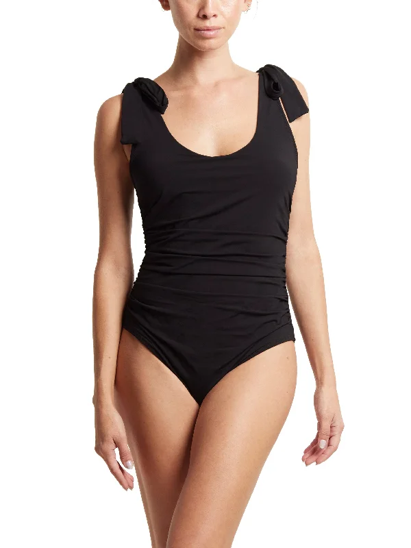 Ruched Bow One Piece Swimsuit Black