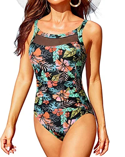 Ruched Tummy Control U Back One Piece Swimsuits-Black Red Flower