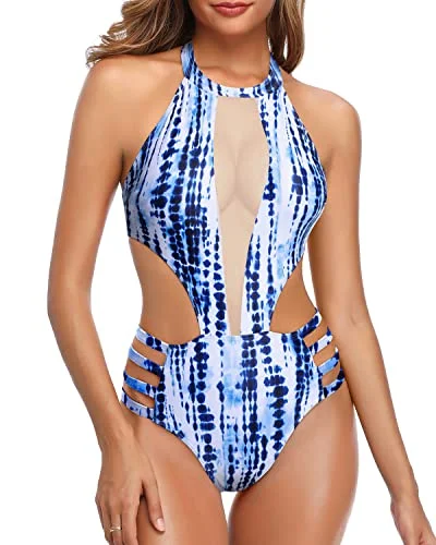 Sexy Backless High Neck Backless One Piece Swimsuit-Blue Tie Dye