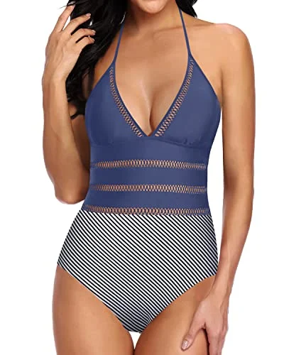 Slimming Silhouette Tie Monokini Halter One Piece Swimsuits-Blue White Stripe