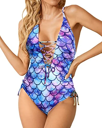 Lace Up Deep Adjustable Criss Cross Straps One Piece Swimsuit-Blue-Purple Mermaid Scales