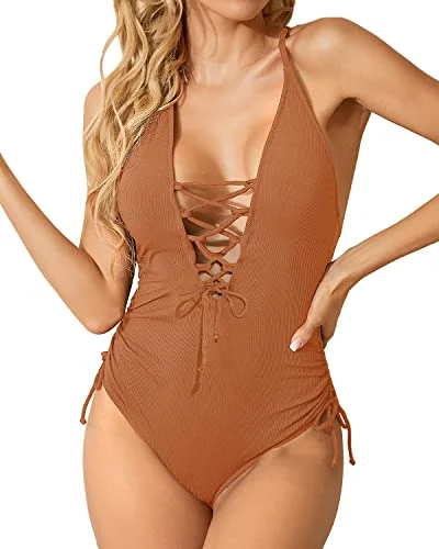 Lace Up Plunge V Neck One Piece Swimsuits For Women-Brown