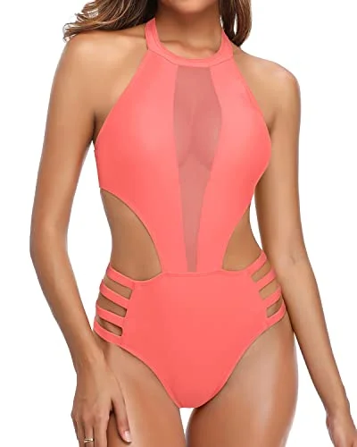 Strap Cutout Monokini High Neck One Piece Swimsuit-Coral Pink