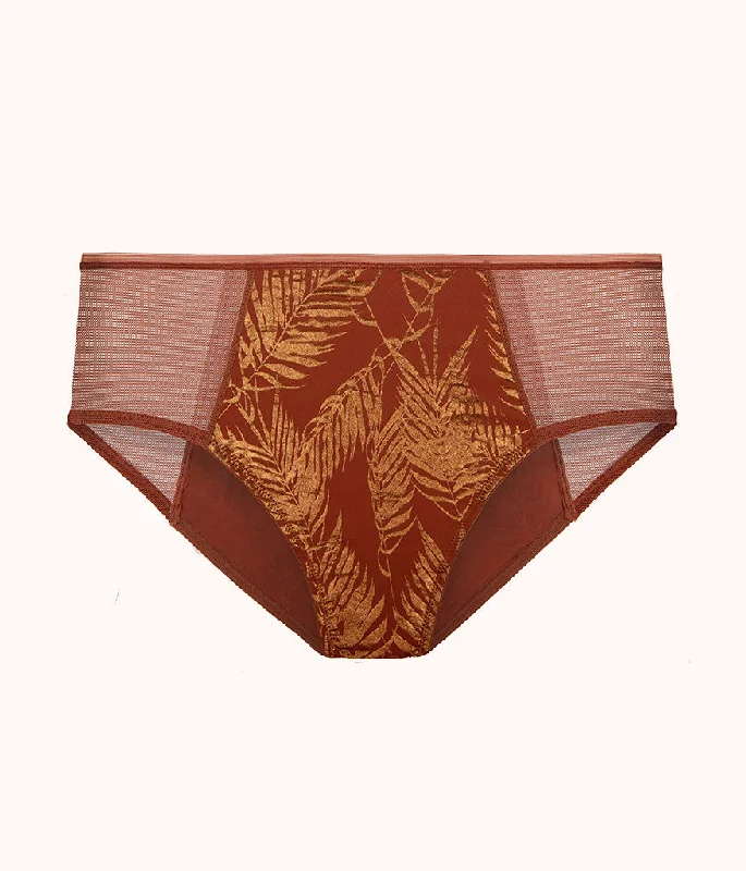 supportive abstract bikini-The Metallic Palm Mesh High Waist Bikini: Burnished Mahogany/Metallic Palm Print