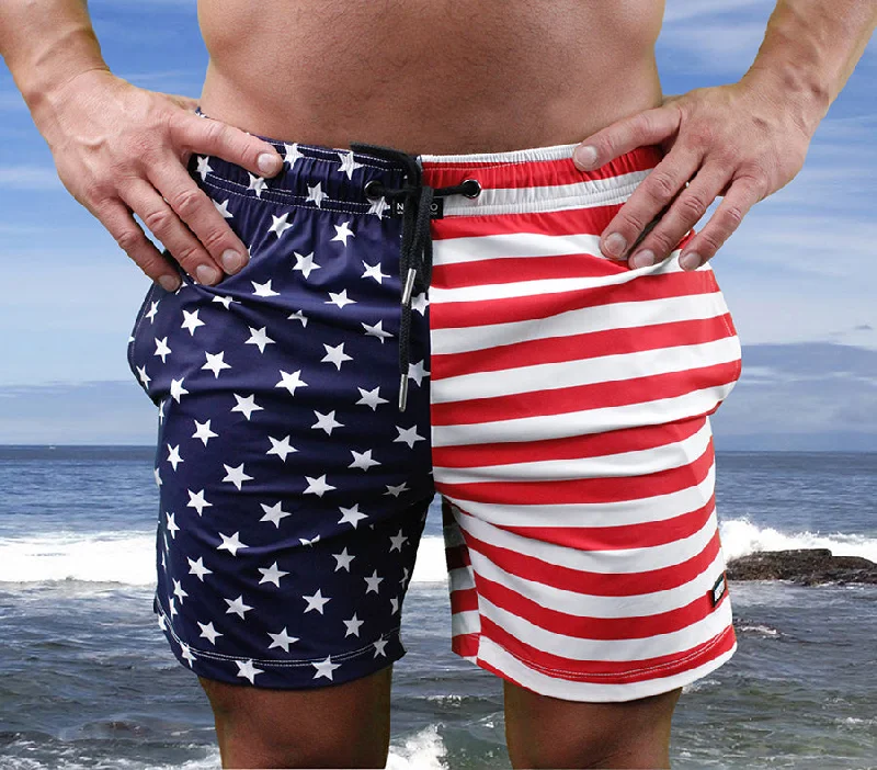 USA Flag Mens Swim Trunk Lined Shorts with Pockets By Neptio