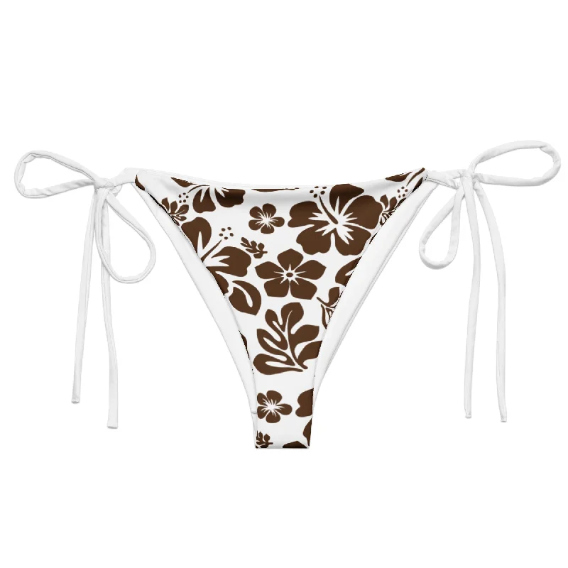 athletic tie-dye swimwear-White and Brown Hawaiian Flowers String Bikini Bottoms