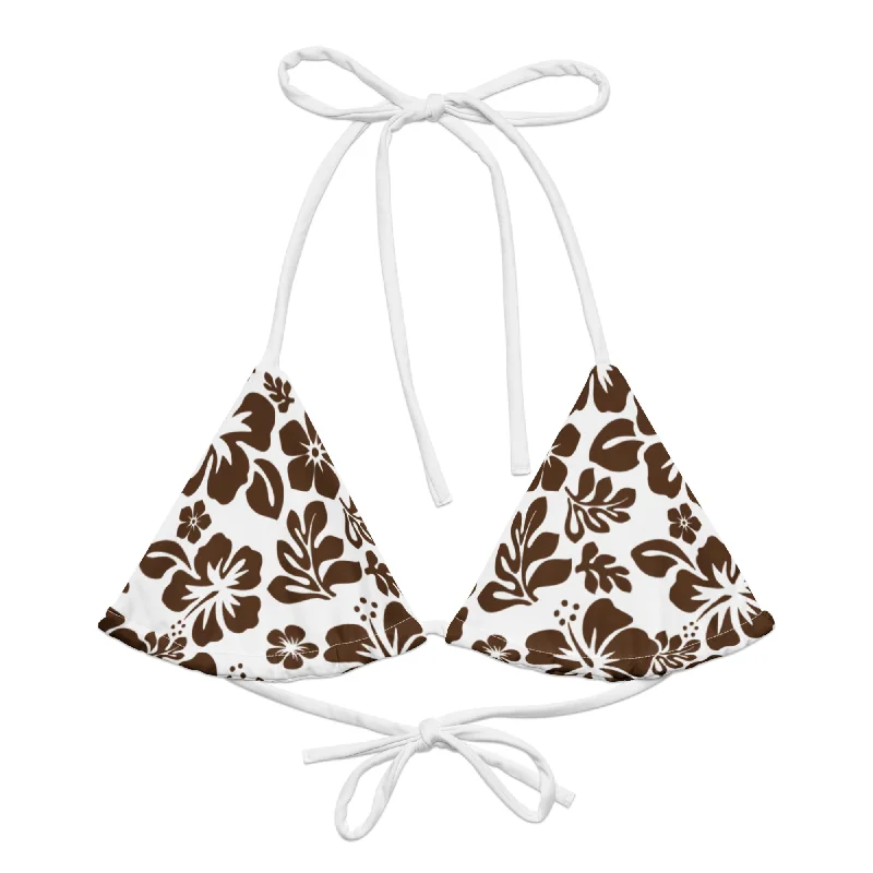 soft pink swimwear-White and Brown Hawaiian Flowers String Bikini Top