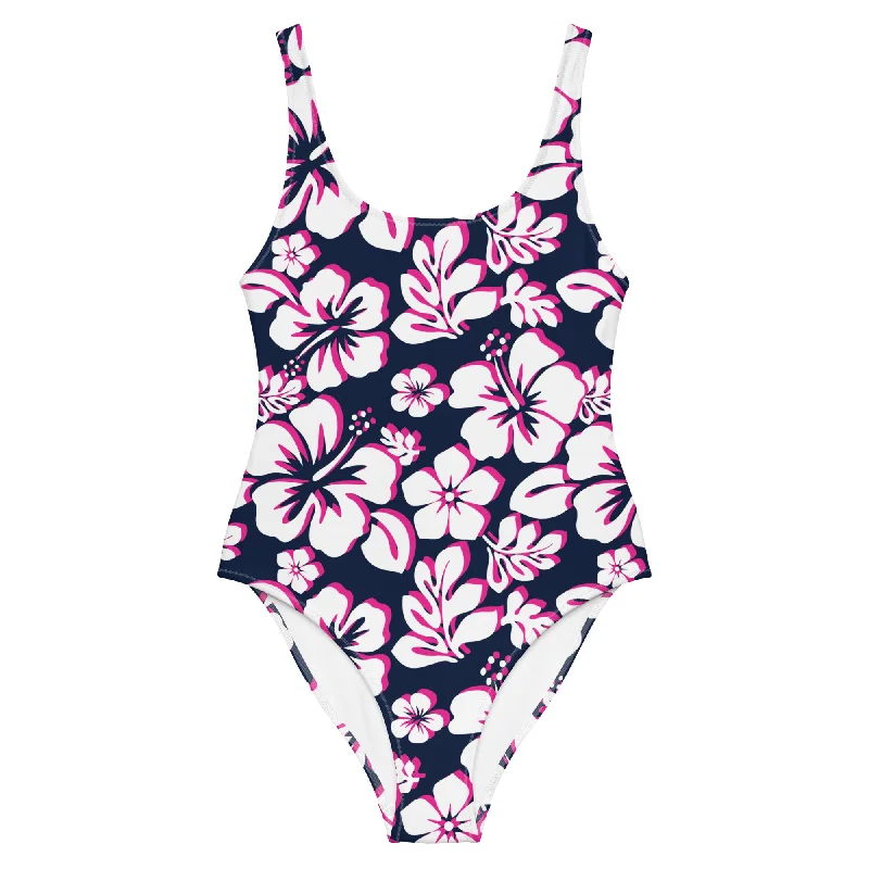 White and Hot Pink Hawaiian Flowers on Navy Blue One Piece Swimsuit