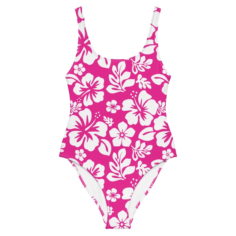 White and Hot Pink Hawaiian Flowers One-Piece Swimsuit