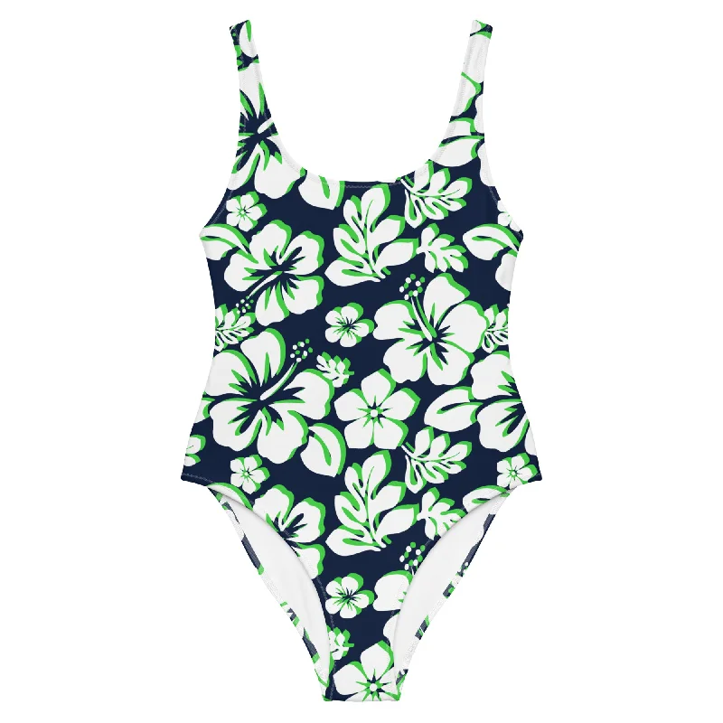 White and Lime Green Hawaiian Flowers on Navy Blue One Piece Swimsuit