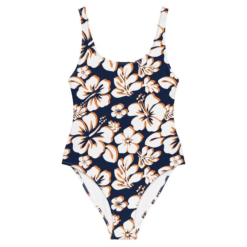 White and Orange Hawaiian Flowers on Navy Blue One Piece Swimsuit