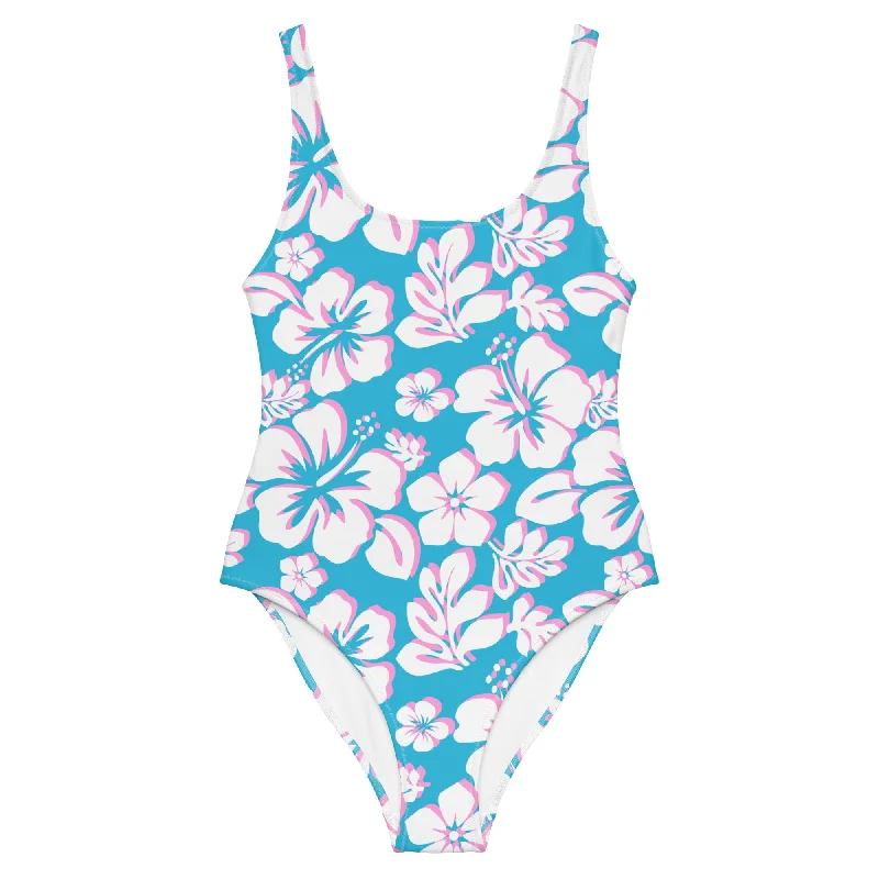 White and Pink Hawaiian Flowers on Aqua Blue One Piece Swimsuit