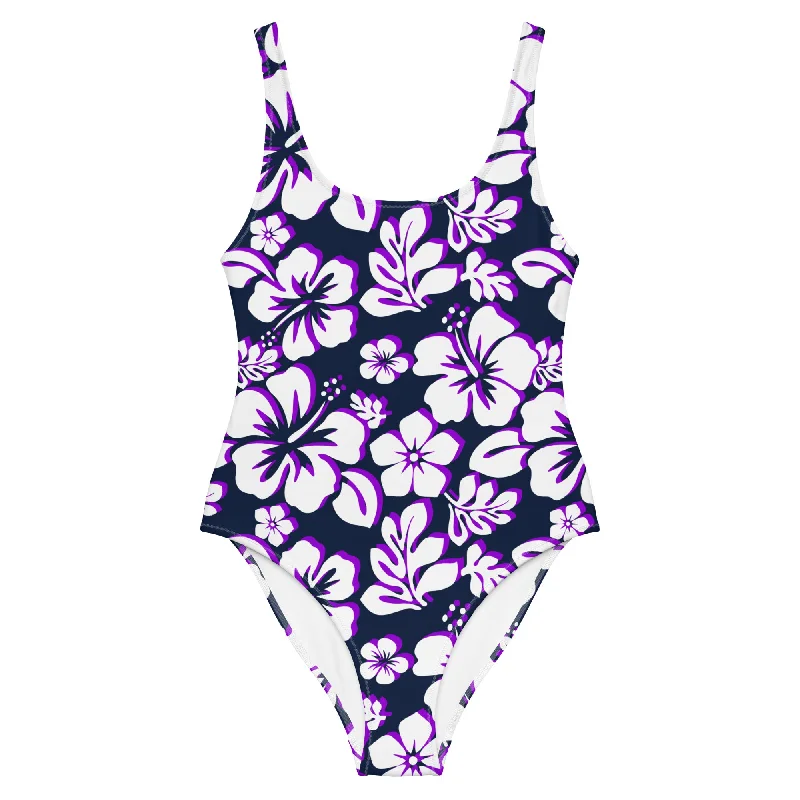 White and Purple Hawaiian Flowers on Navy Blue One Piece Swimsuit