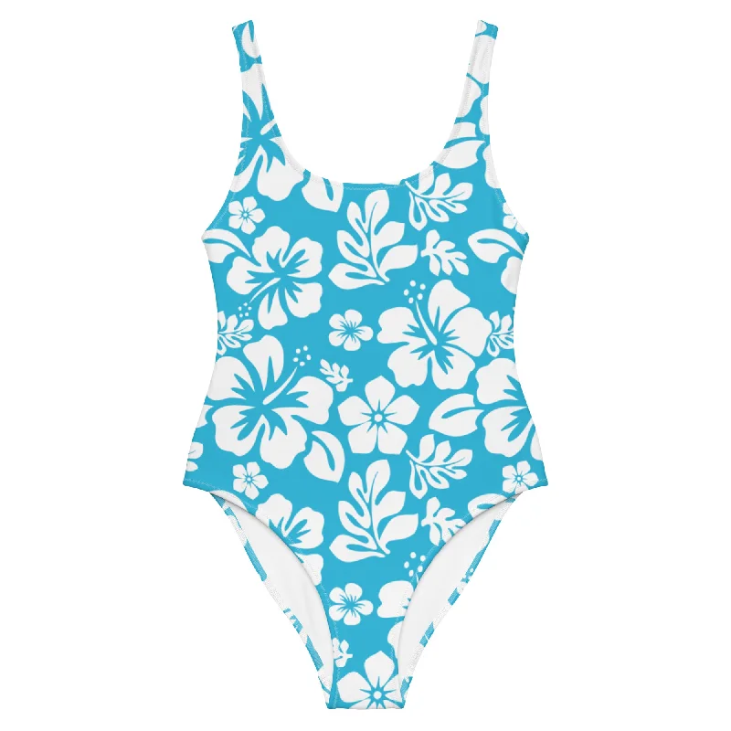 White Hawaiian Flowers on Aqua Blue One-Piece Swimsuit