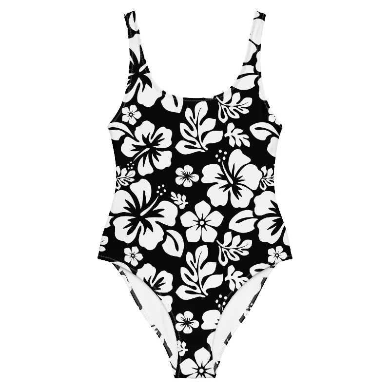 White Hawaiian Flowers on Black One-Piece Swimsuit