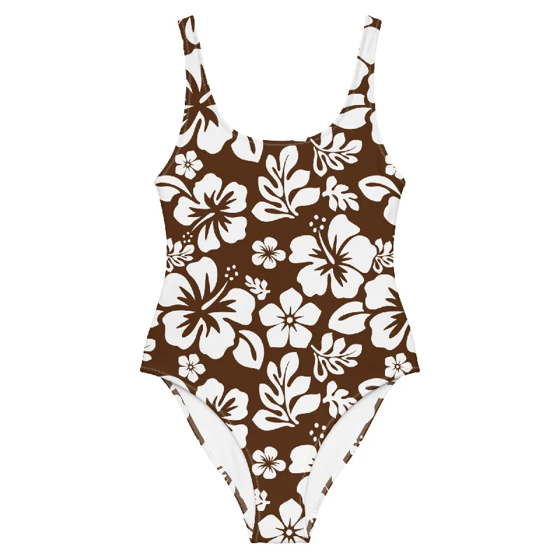 White Hawaiian Flowers on Brown One-Piece Swimsuit