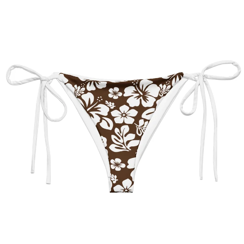 textured striped swimwear-White Hawaiian Flowers on Brown String Bikini Bottoms