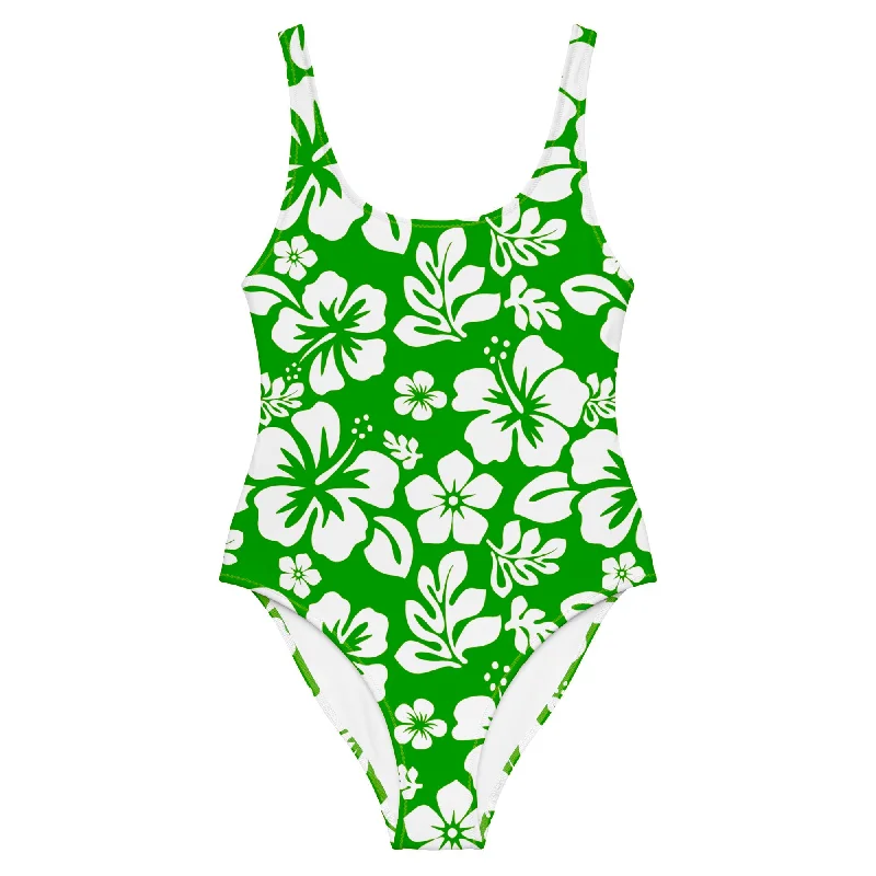 White Hawaiian Flowers on Fresh Green One-Piece Swimsuit