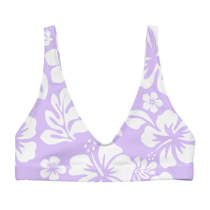 tie-side polka dot swimwear-White Hawaiian Flowers on Lavender Halter Bikini Top