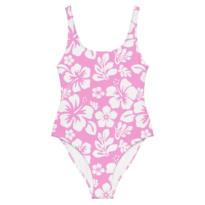 White Hawaiian Flowers on Pink One-Piece Swimsuit