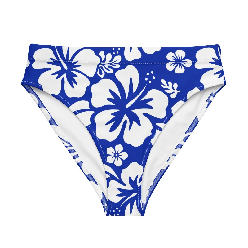 colorful floral swimwear-White Hawaiian Flowers on Royal Blue High Waisted Bikini Bottom