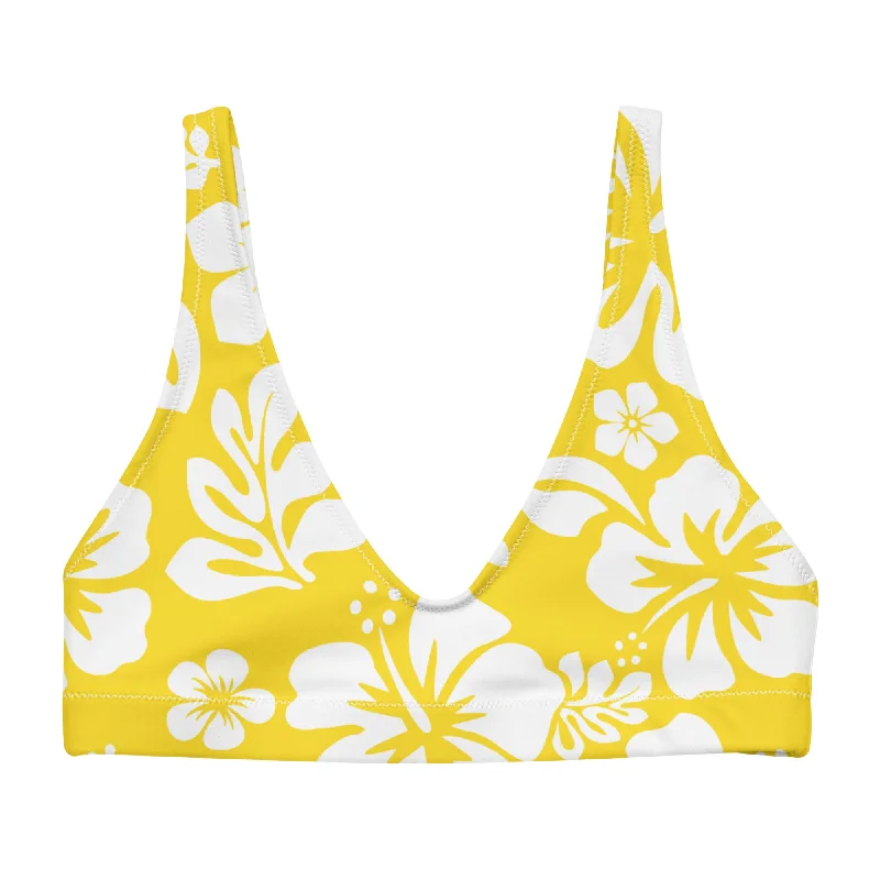 soft pink swimwear-White Hawaiian Flowers on Yellow Halter Bikini Top