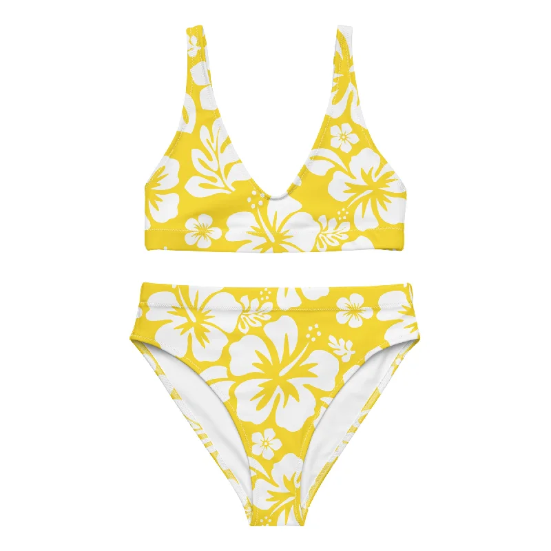 sporty floral swimwear-White Hawaiian Flowers on Yellow High Waisted Bikini