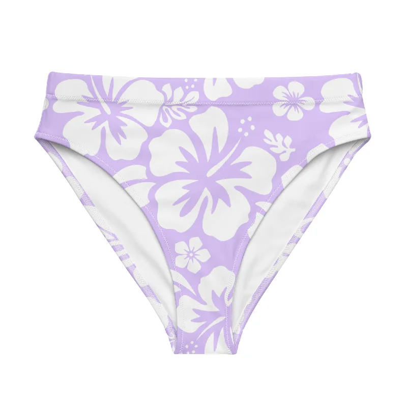 trendy sheer swimwear-White Hawaiian Hibiscus Flowers On Lavender High Waisted Bikini Bottom