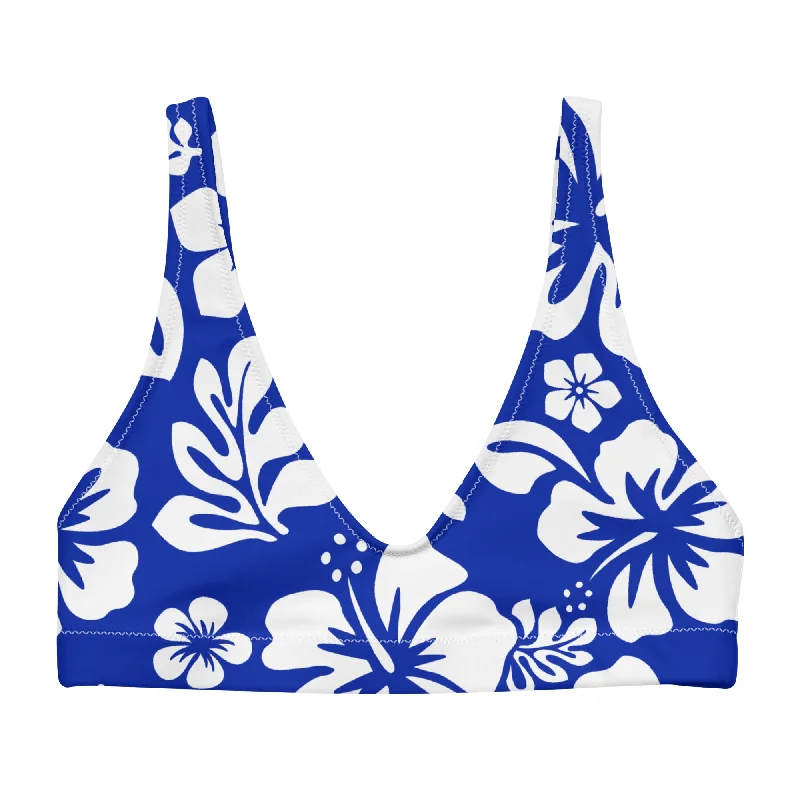 quick-dry polka dot swimwear-White Hawaiian Hibiscus Flowers on Royal Blue Halter Bikini Top