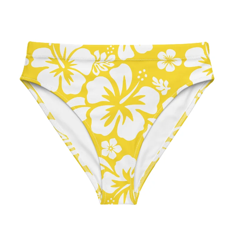 floral cut-out swimwear-White Hawaiian Hibiscus Flowers on Yellow High Waisted Bikini Bottom