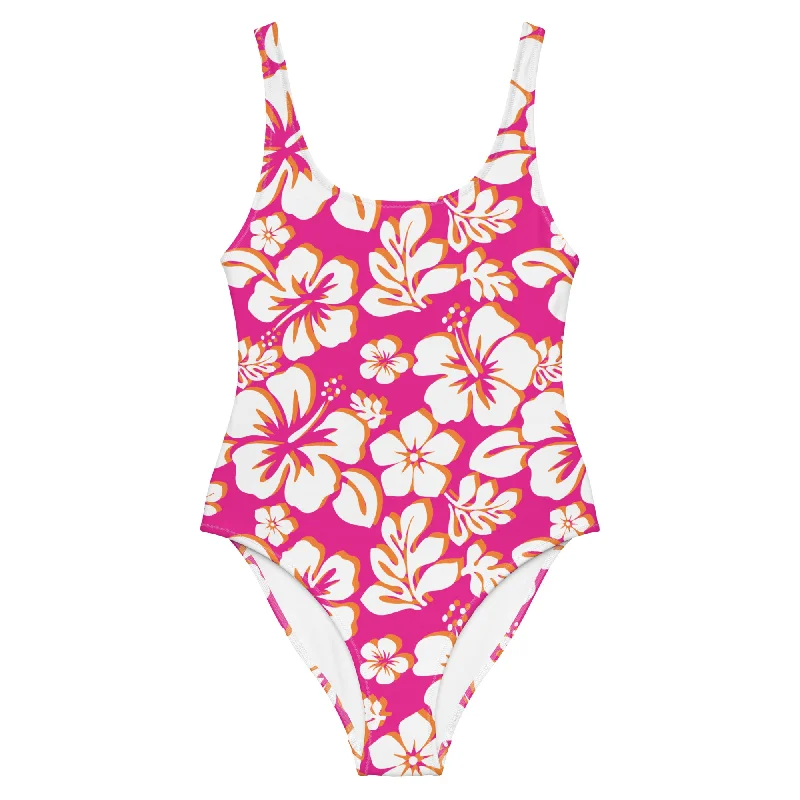 White with Orange Hawaiian Flowers  on Hot Pink One Piece Swimsuit