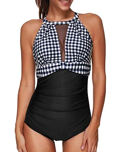 Sexy High Neck Mesh Monokini Women One Piece Swimsuit-Black And White Checkered