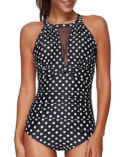 Ruched Monokini See-Through Mesh Women One Piece Swimsuit-Black Dot