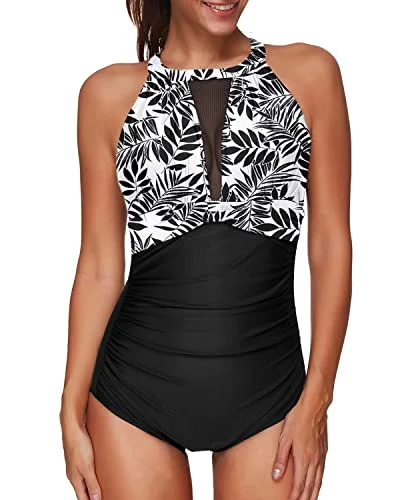 Trendy Deep Plunge Women's Monokini Swimsuit-Black Leaves