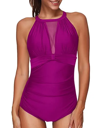 Ruched Monokini Tummy Control Swimsuit Plunge Neck For Women-Hot Pink