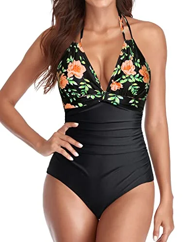 Sexy Halter Ruched Swimwear Black Halter Bathing Suits-Black Pink Flowers