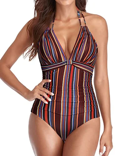 Sexy Plunge Deep V Neck Tummy Control Swimsuits-Brown Striped