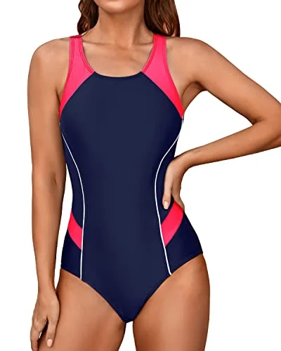 Training Exercise Women One Piece Swimsuits-Navy Blue And Pink