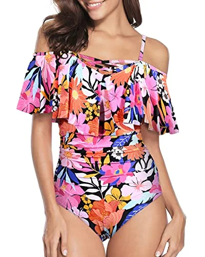 Ladies Vintage Off Shoulder One Piece Swimsuits For Tummy Control-Pink Flowers